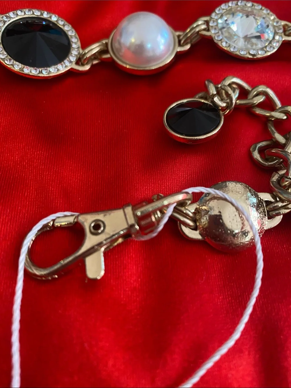 Gold-Tone Statement Belt with Black, Pearl and Clear Accents